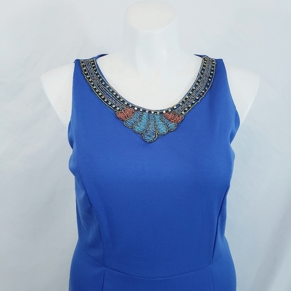 NWT Ashley Stewart Sleeveless Sheath Dress Beaded Neck Blue - Picture 2 of 10
